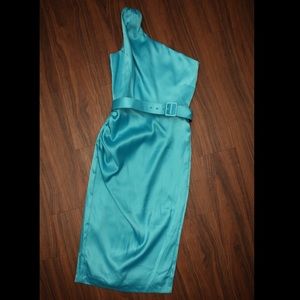 Pin up girl clothing one shoulder turquoise dress